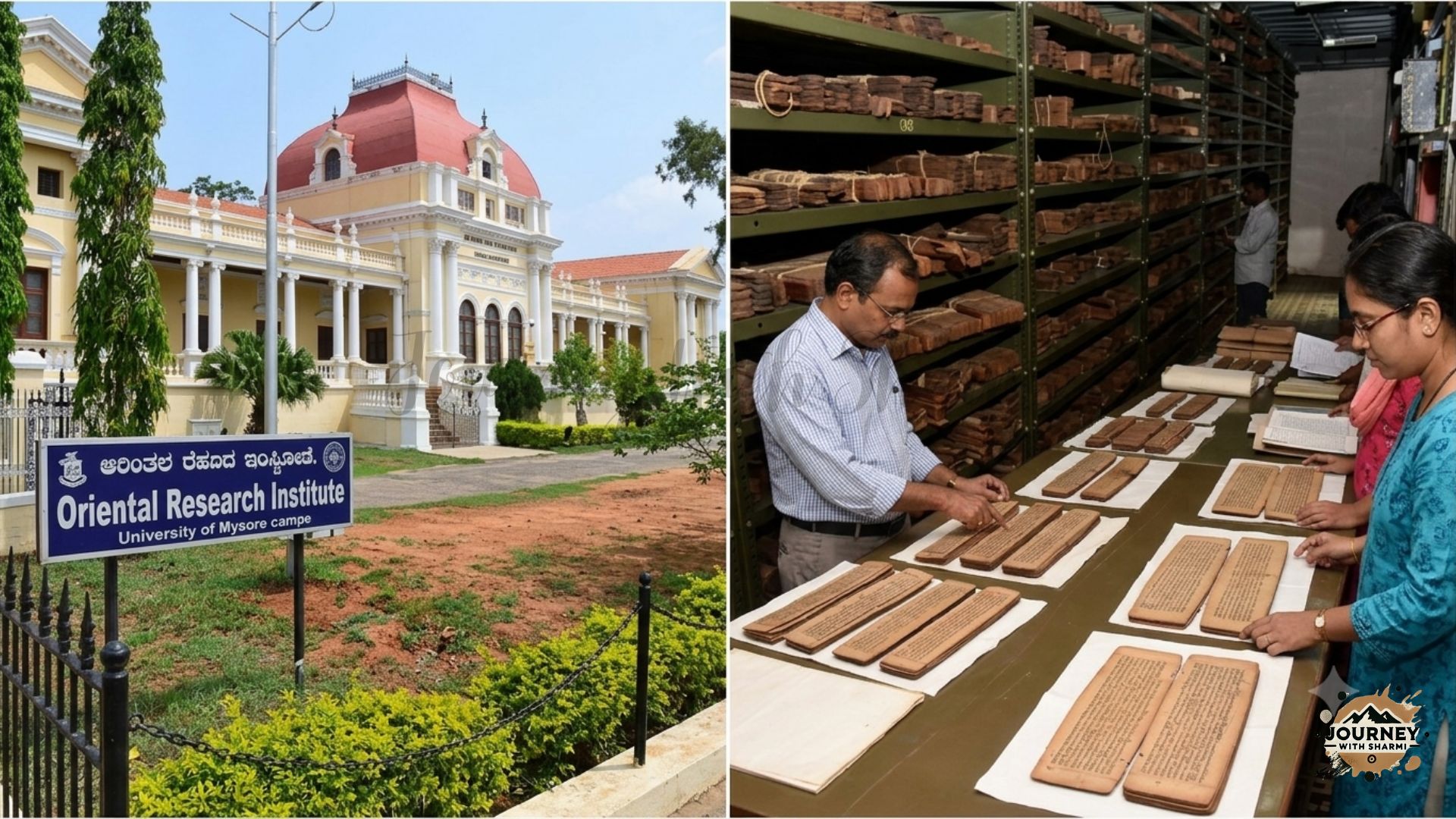 A split image showcasing the Oriental Research Institute in Mysore. On the left, a heritage-style yellow building with a red central dome stands under a clear blue sky behind an entrance sign. On the right, researchers inside an archive room examine ancient palm-leaf manuscripts laid out on a table next to rows of storage shelves.