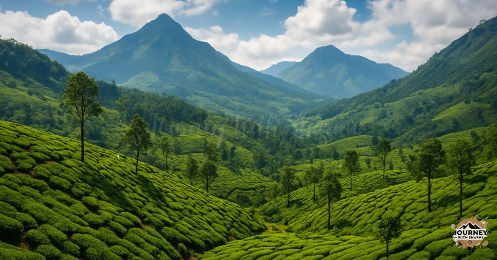 A panoramic view of Munnar, Kerala, showcasing lush green tea plantations covering rolling hills, dotted with tall trees, and framed by misty mountains.