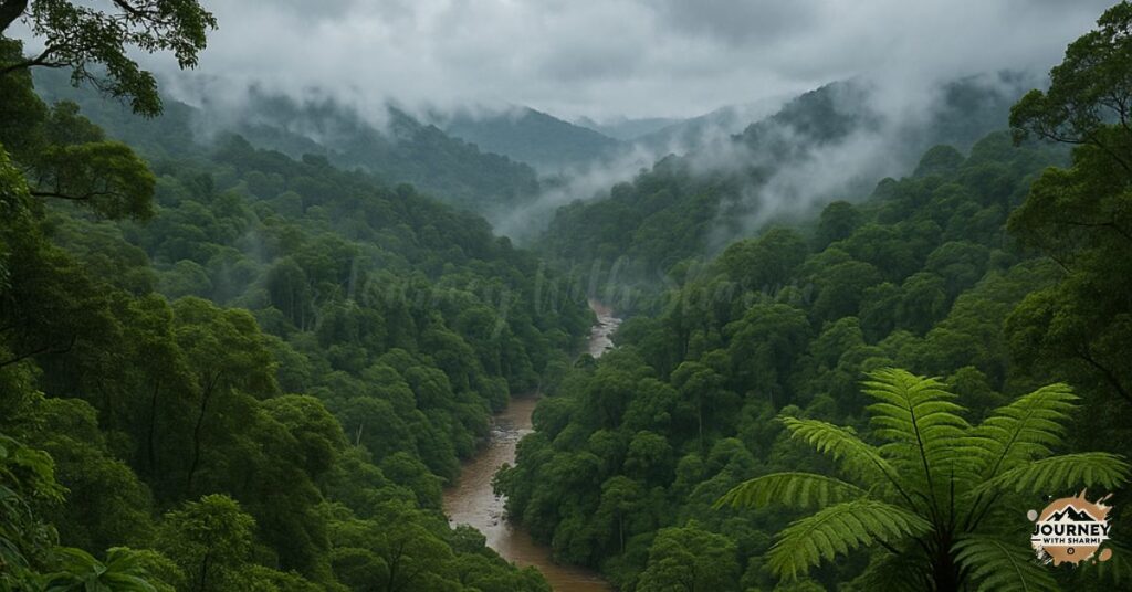 Agumbe Rainforest Research Station, featuring dense green canopy, a winding river, and distant hills 