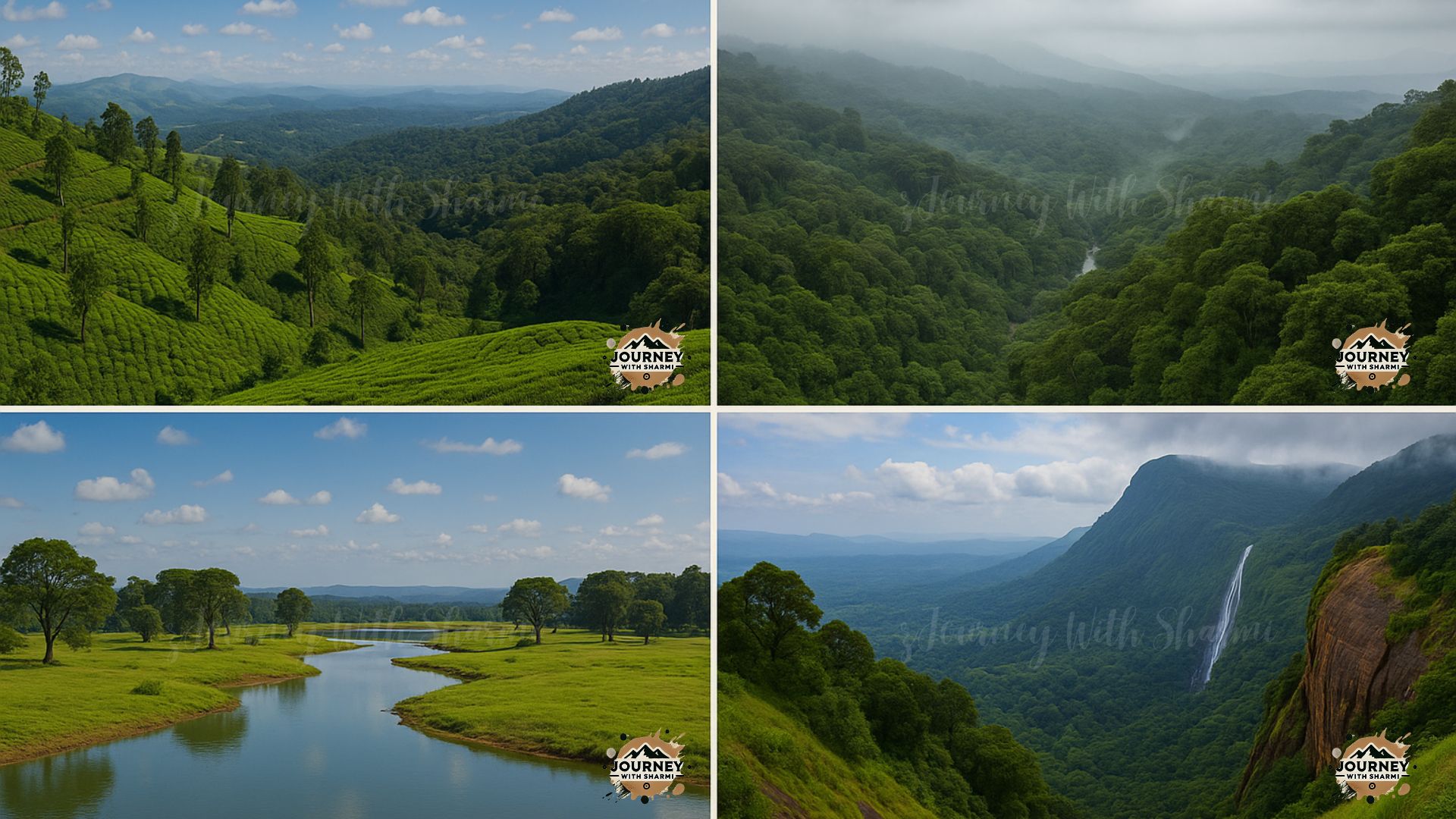 Eco-tourism destinations in South India, featuring Munnar’s lush tea plantations in Kerala, misty Agumbe rainforest in Karnataka, serene Kabini river and grasslands in Karnataka, and the dramatic cliffs and waterfalls of Dolphin’s Nose in Tamil Nadu,