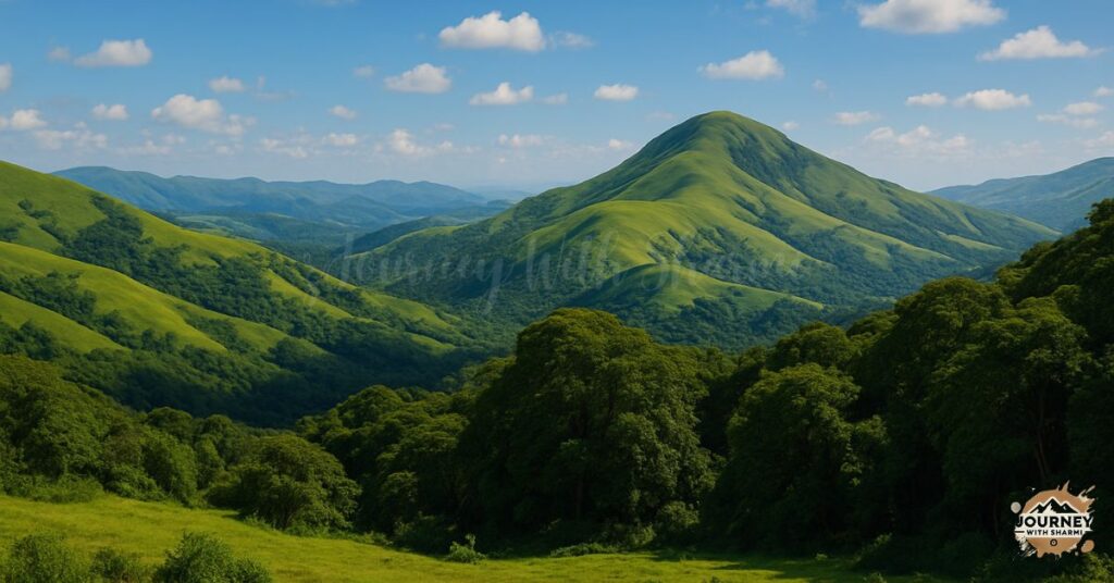 Scenic view of Kudremukh National Park in Karnataka, featuring rolling green hills, dense tropical forests, and a prominent mountain peak under a clear blue sky with scattered clouds.