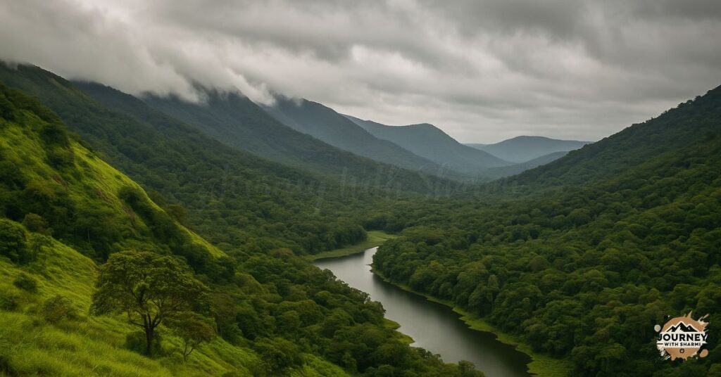 Bird-Eye View of view of mist-covered mountains and valleys, Silent Valley National Park, Kerala