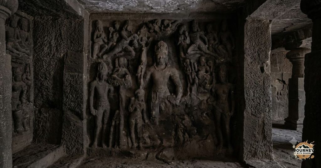 Exploring the dim, pillared corridors and timeless stone architecture of the Elephanta Caves.